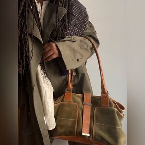 Lambertson Truex Suede Leather Cargo Tote Olive Brown Utility Large Shoulder Bag